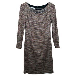 Kay Unger Dress Size 2 Metallic Tweed Sheath Chain Neckline LS Elegant Old Money
